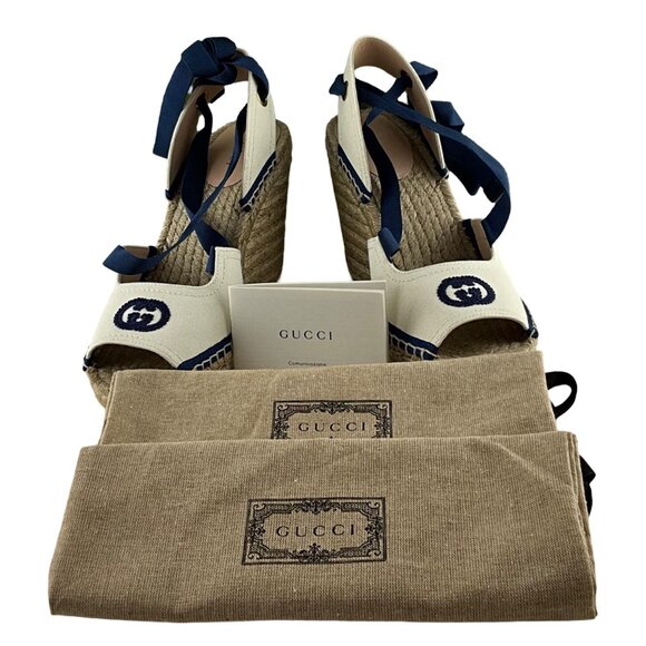 Gucci Women's Espadrille With Ribbon Tie Interlocking G White & Blue Sz 38 - Picture 9 of 11